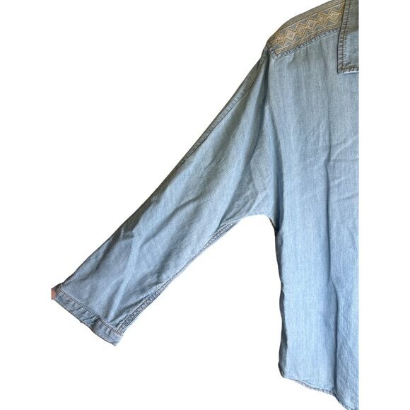 7 For All Mankind Womens Shirt Size Small Chambray Linen Blend Blue Embroidered - Picture 6 of 11